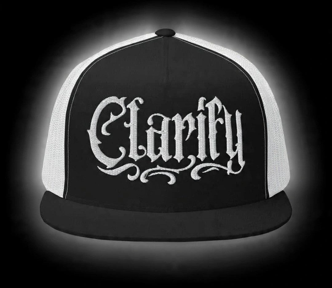 Black & White Trucker Hat with White Clarify Logo