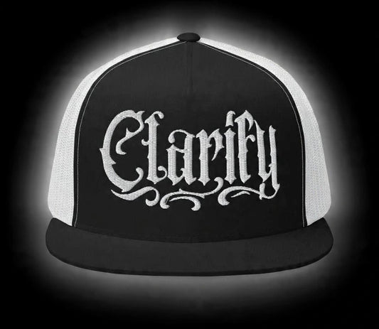 Black & White Trucker Hat with White Clarify Logo